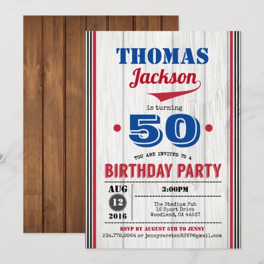 Invitation de base-ball adulte 50ème anniversaire. (Devant / Derrière)