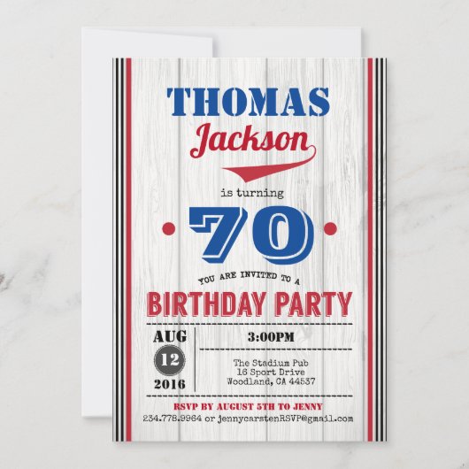 Invitation de baseball 70e anniversaire. Bois rust (Devant)