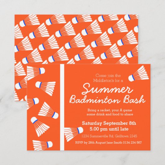 Invitation de bash badminton d'été orange et blanc (Devant / Derrière)