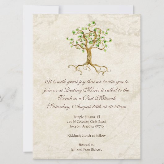 Invitation de Bat Mitzvah Antiqued Swirl Tree Root (Devant)