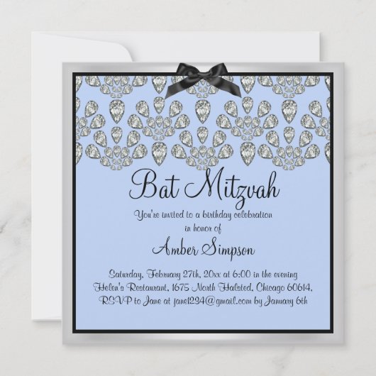 Invitation de Bat Mitzvah Diamonds Silver/Blue For (Devant)