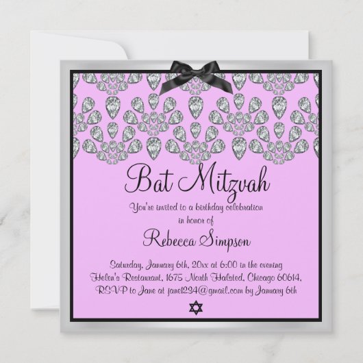 Invitation de Bat Mitzvah Diamonds Silver & Pink F (Devant)