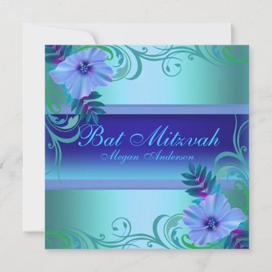 Invitation de Bat Mitzvah Fleur Vibrante Bleue (Devant)