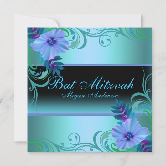 Invitation de Bat Mitzvah Fleur Vibrante Bleue & V (Devant)