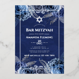 Invitation de Bat mitzvah floral marine et argenté