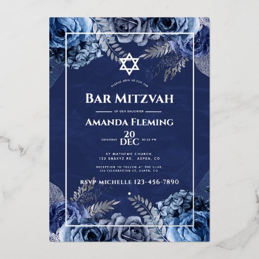 Invitation de Bat mitzvah floral marine et argenté (Recto)