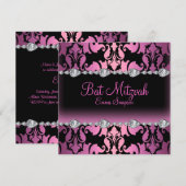 Invitation de Bat Mitzvah Pink & Black Damask & Di (Devant / Derrière)