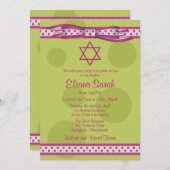 Invitation de Bat mitzvah Pois Rose Green Bow (Devant / Derrière)