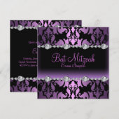 Invitation de Bat Mitzvah Purple Damask & Diamond (Devant / Derrière)