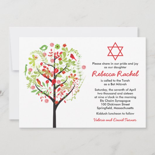 Invitation de Bat mitzvah Red Green Tree of Life (Devant)