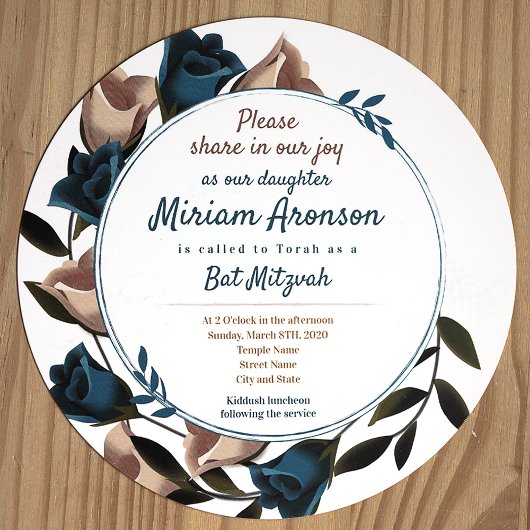 Invitation de Bat mitzvah Rose Beige Turquoise uni