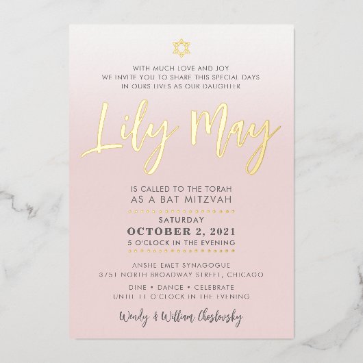 Invitation de Bat Mitzvah sur mesure rose pâle or  (Recto)