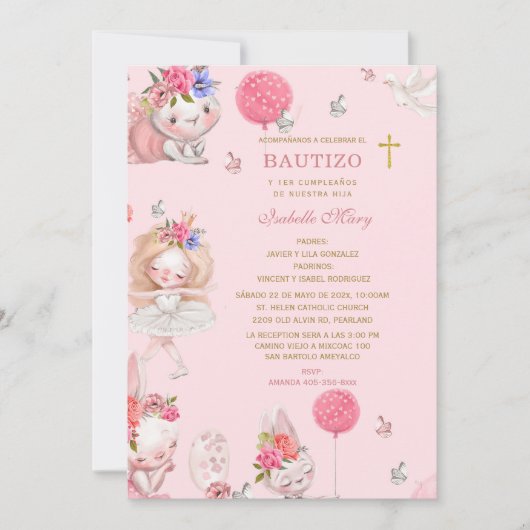 Invitation De Bautizo y Primer Cumpleaños Para Niña (Devant)