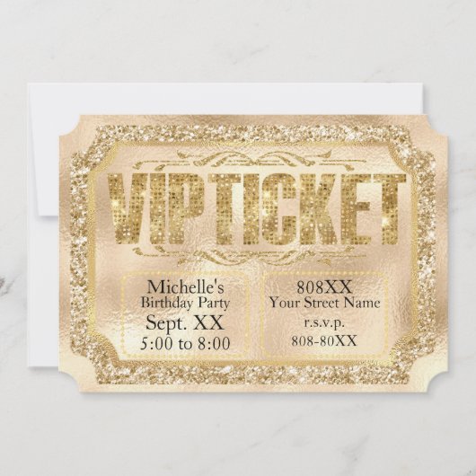 Invitation de billet avec paillettes d'or et diama (Devant)