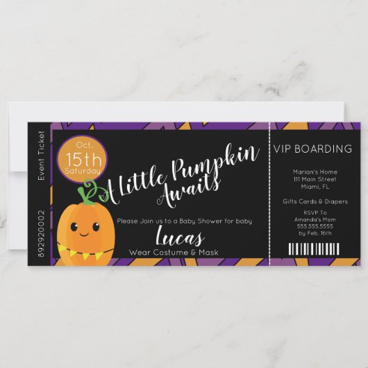 Invitation de billet Citrouille Baby shower Hallow (Devant)