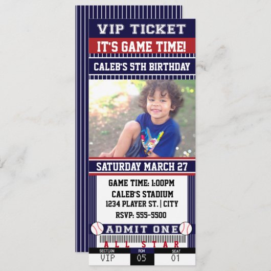 Invitation de billet de BASE-BALL bleu et bordeaux (Devant / Derrière)