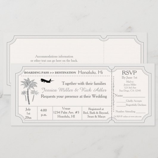 Invitation de billet de destination de mariage de (Devant / Derrière)