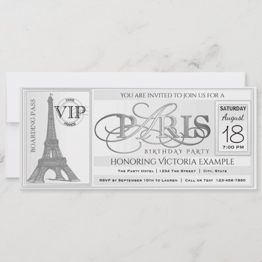 Invitation de billet de fête d'anniversaire à Pari (Devant)
