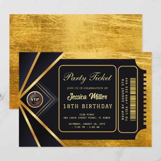 Invitation de billet de fête doré (Devant / Derrière)