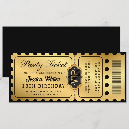 Invitation de billet de fête doré (Devant / Derrière)