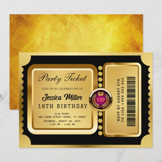 Invitation de billet de fête doré (Devant / Derrière)