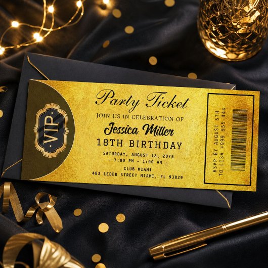 Invitation de billet de fête doré
