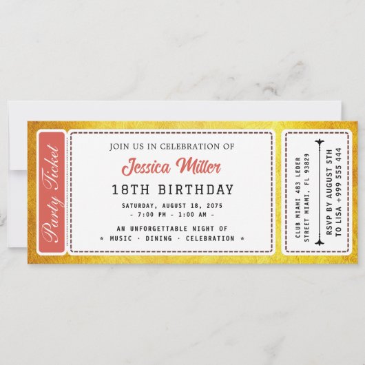 Invitation de billet de fête doré (Devant)