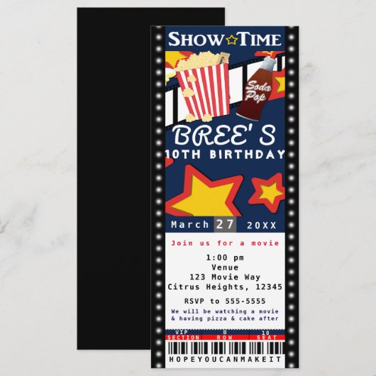 Invitation de billet de fête VIP de cinéma de film (Devant / Derrière)
