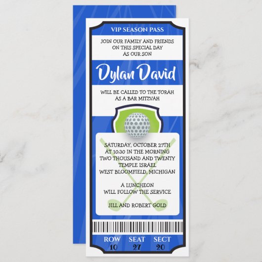 Invitation de billet de golf Bar Bat Mitzvah (Devant / Derrière)