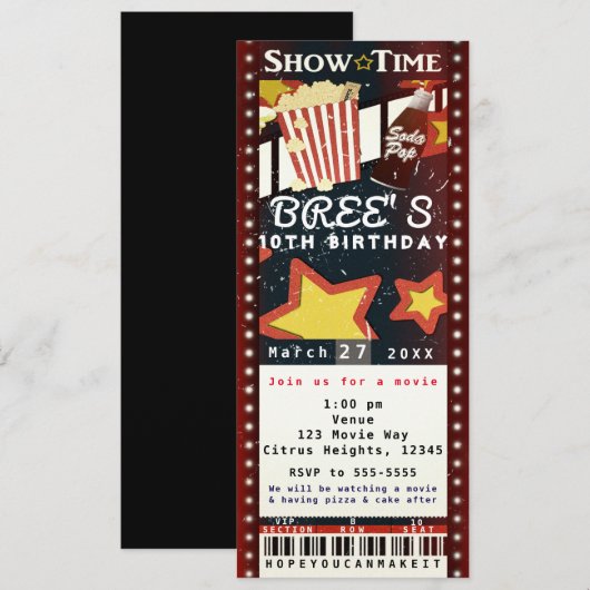 Invitation de billet de soirée VIP Popcorn Cinéma  (Devant / Derrière)