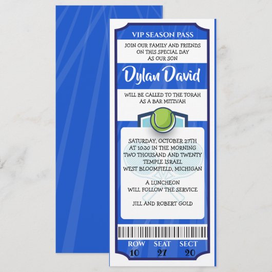 Invitation de billet de TENNIS Bar Bat Mitzvah (Devant / Derrière)