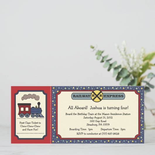 Invitation de billet de train - Rustic Red & Blue  (Debout devant)