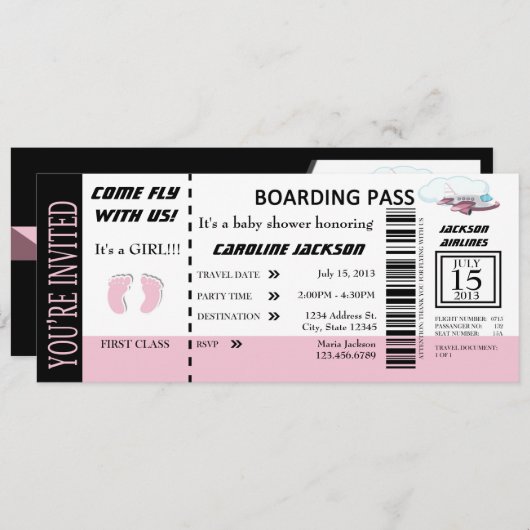 Invitation de billet de vol de bébé (Devant / Derrière)