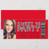 Invitation de billet Sweet 16 rouge noir (Devant / Derrière)