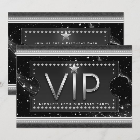 Invitation de billet VIP Black & Silver Chic Glam (Devant / Derrière)