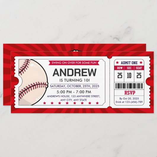 Invitation de billets de base-ball personnel (Devant / Derrière)