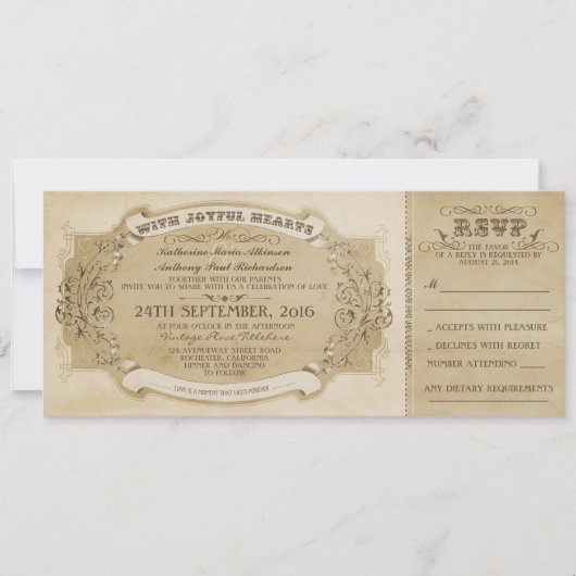 INVITATION DE BILLETS DE MARIAGE VINTAGE AVEC RSVP (Devant)