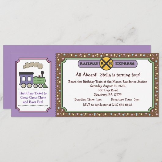 Invitation de billets de train - Violet et Brown (Devant / Derrière)