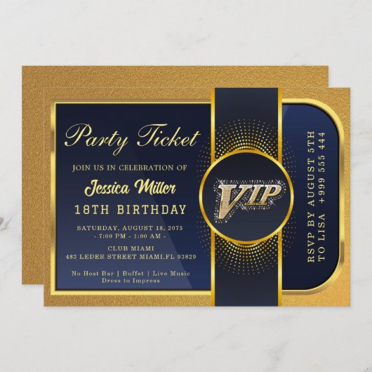 Invitation de billets Golden Party (Devant / Derrière)