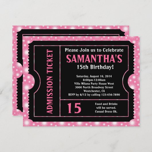 Invitation de billets rose et noir, tout âge (Devant / Derrière)