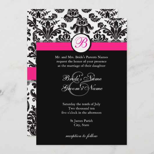 Invitation de Black and Hot Pink Mariage damassé (Devant / Derrière)
