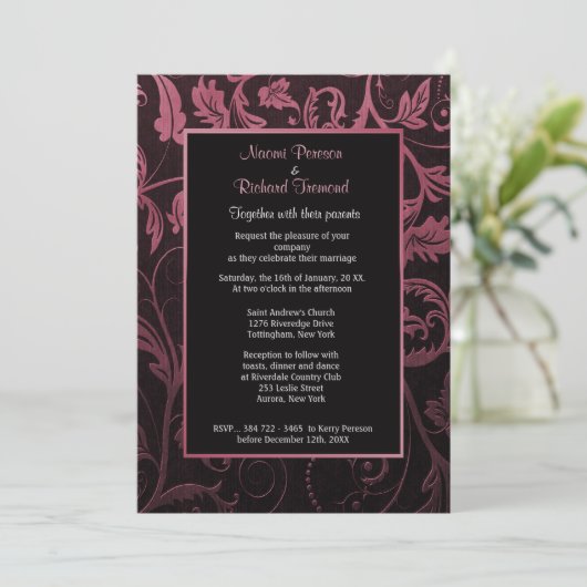 Invitation de Black and Raspberry Mariage damassé (Debout devant)