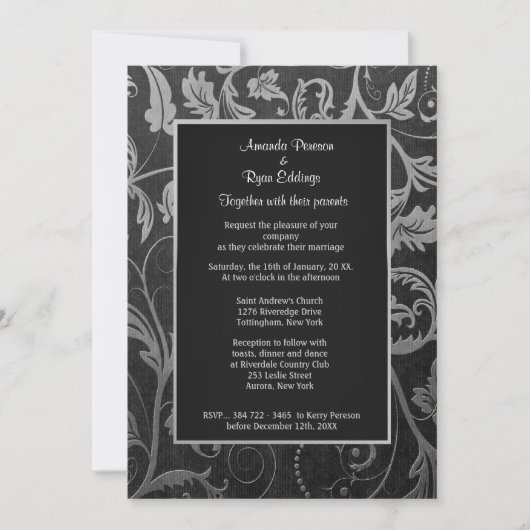 Invitation de Black and Silver Mariage damassé (Devant)