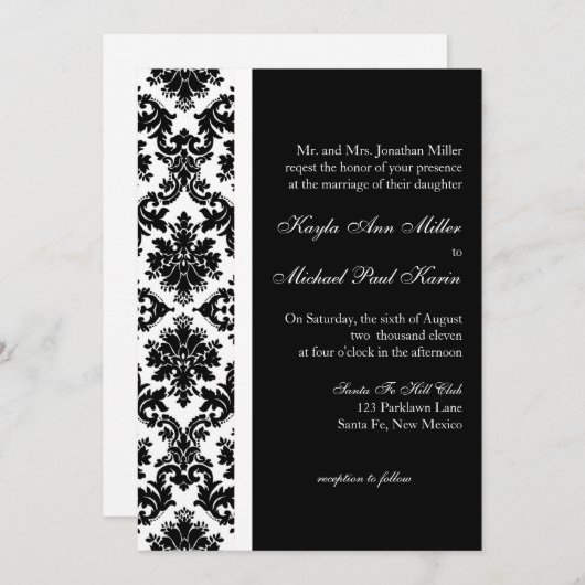 Invitation de Black and White Mariage damassé (Devant / Derrière)