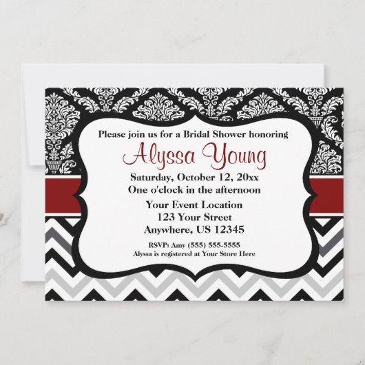 Invitation de Black Burgundy Red Damask Chevron (Devant)