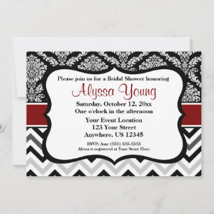 Invitation de Black Burgundy Red Damask Chevron