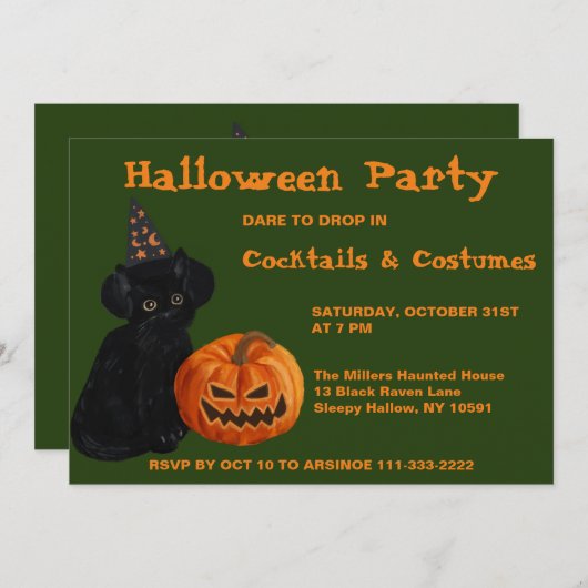 Invitation de Black Cat et Jack-o'-lantern Party (Devant / Derrière)