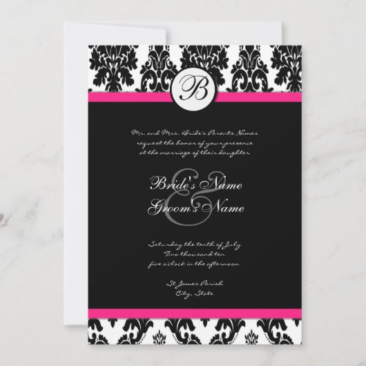 Invitation de Black Hot Pink Mariage damassé (Devant)