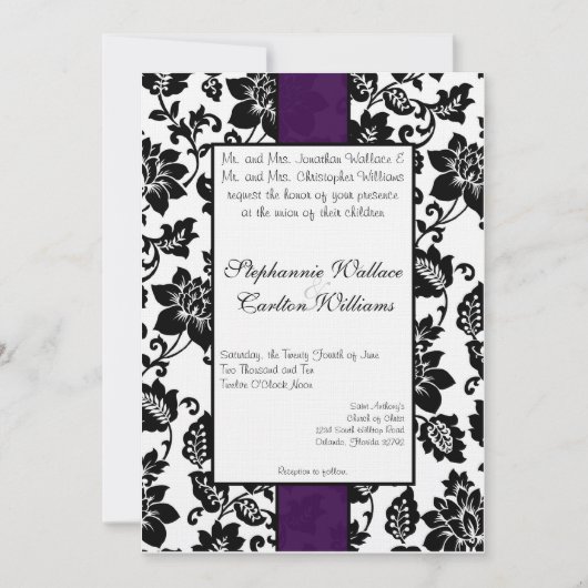 Invitation de Black/Purple Floral Mariage damassé (Devant)