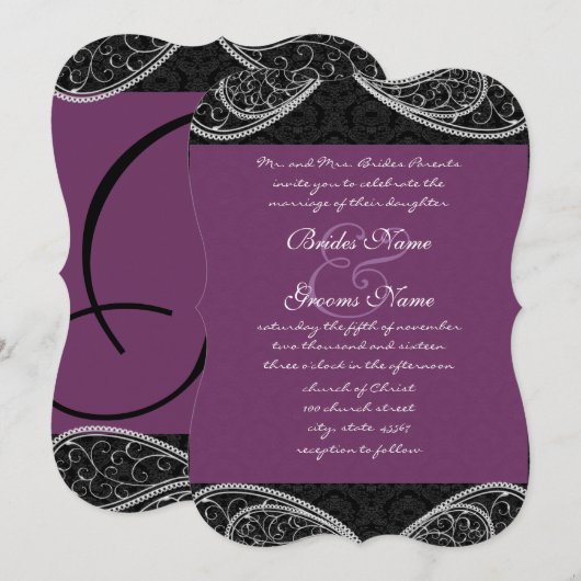 Invitation de Black Purple Paisley Mariage damassé (Devant / Derrière)